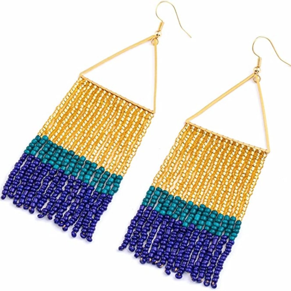 Long 4" Triangle Blue Teal Gold Beaded Boho Fringe Earrings Big Geometric New